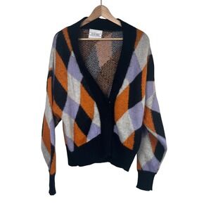 BRAND UNIQUE Argyle Knit Mohair Blend Cardigan Sweater Orange Black White Size 2